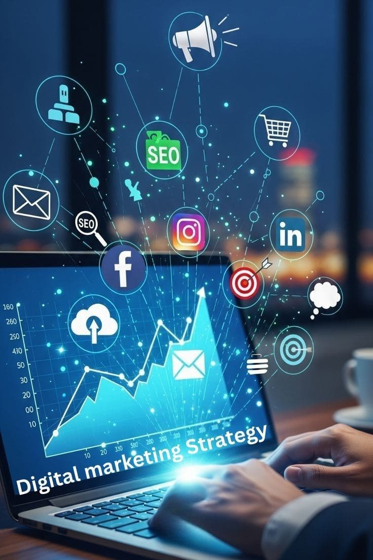 A laptop displaying a digital marketing strategy dashboard with SEO, social media, email marketing, LinkedIn, Instagram, Facebook, analytics, cloud, and business growth icons. This image represents online marketing solutions by the Best Digital Marketing Strategist in Calicut, helping businesses improve brand visibility, generate quality leads, and achieve sustainable digital growth through effective SEO and social media marketing strategies.